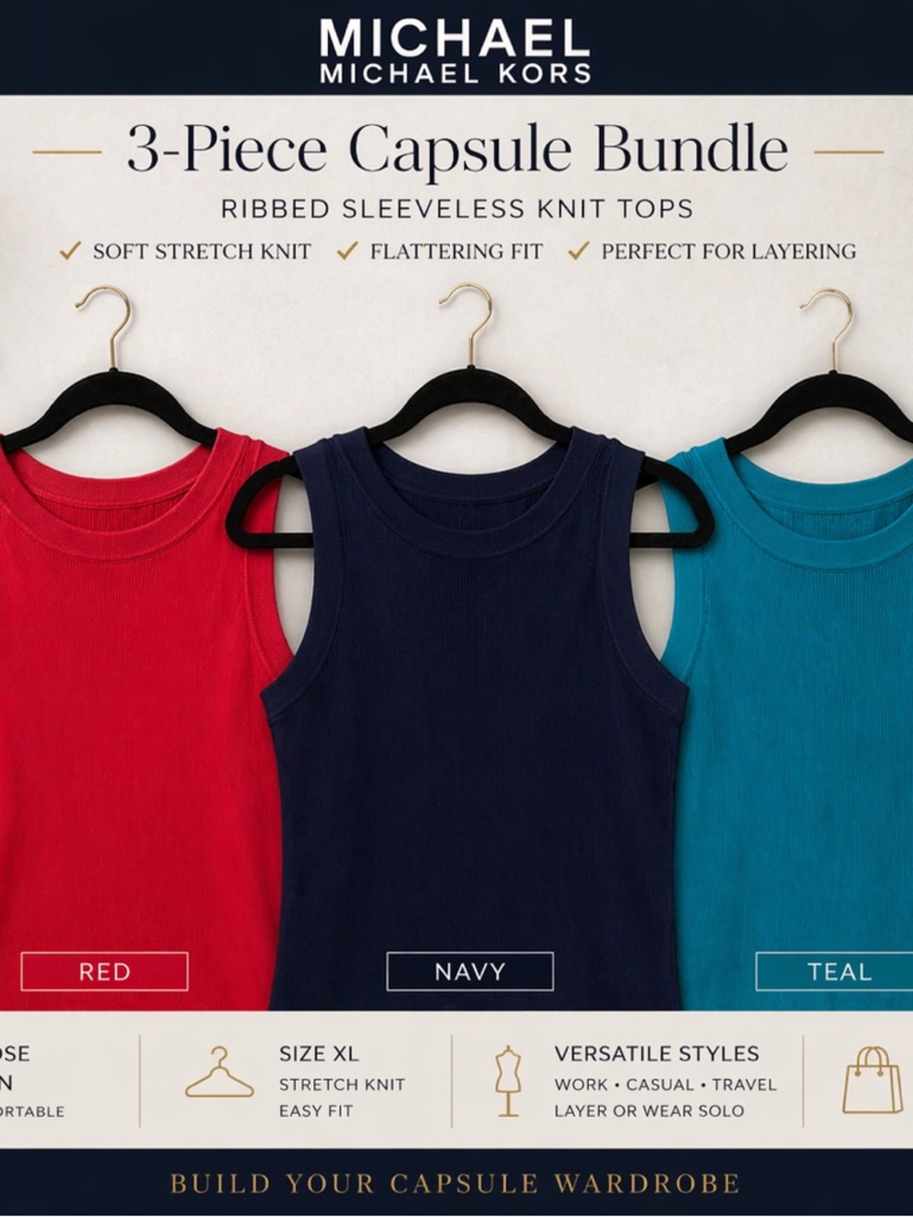 Michael Kors Ribbed Sleeveless Knit Tank Tops - Red, Navy, Teal (3-Pack)